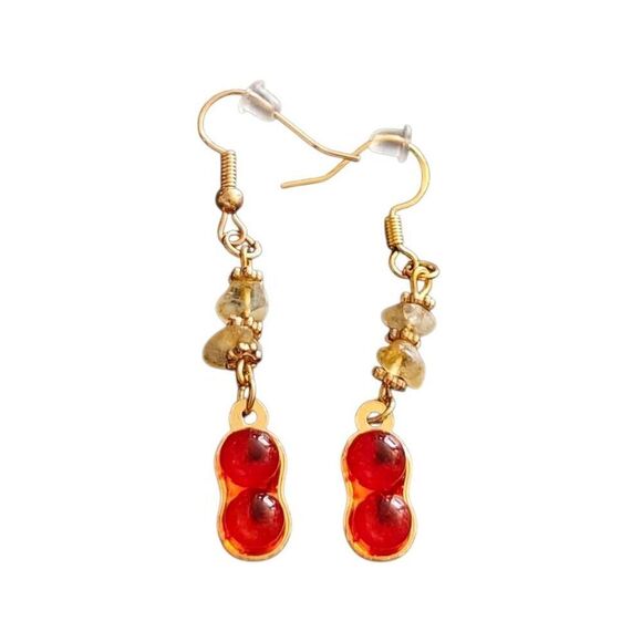 Red and Gold Peanut Stone Dangle Earrings - Picture 3 of 6